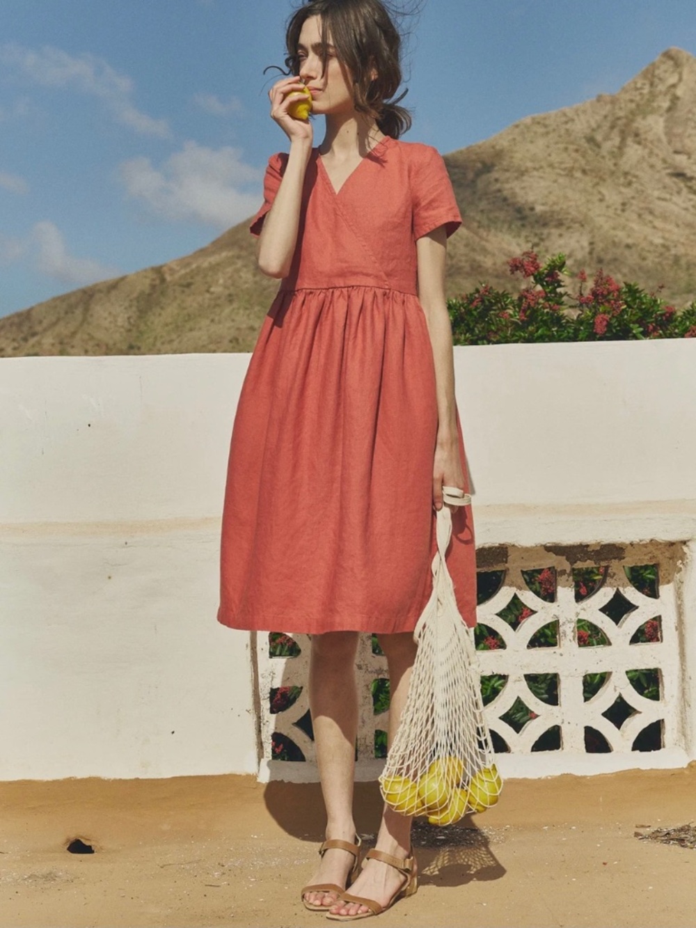 notPERFECTLINEN Nerja Midi Wrap-Front Dress, Coconut Milk Bloom, M/L, NWOT